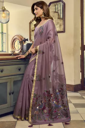 Mauve kolkata cotton saree with litchi work & fancy tassels