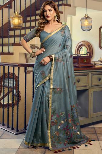 Cadet blue kolkata cotton saree with litchi work & fancy tassels