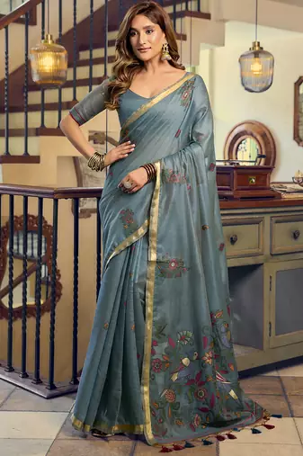 Cadet blue kolkata cotton saree with litchi work & fancy tassels