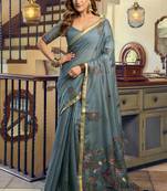 Cadet blue kolkata cotton saree with litchi work & fancy tassels