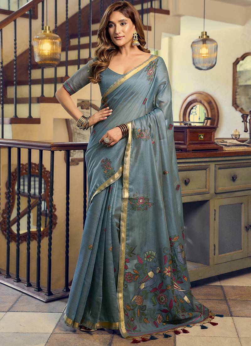 Cadet blue kolkata cotton saree with litchi work & fancy tassels