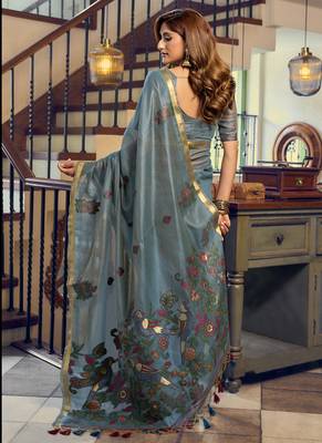 Cadet blue kolkata cotton saree with litchi work & fancy tassels 2