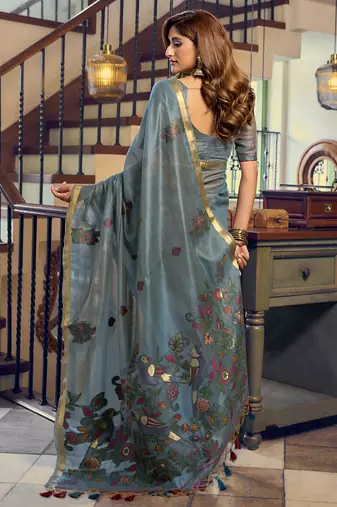 Cadet blue kolkata cotton saree with litchi work & fancy tassels