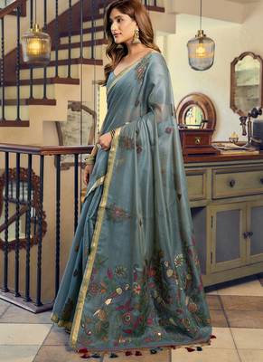 Cadet blue kolkata cotton saree with litchi work & fancy tassels 3