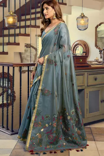 Cadet blue kolkata cotton saree with litchi work & fancy tassels