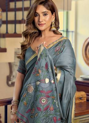 Cadet blue kolkata cotton saree with litchi work & fancy tassels 5