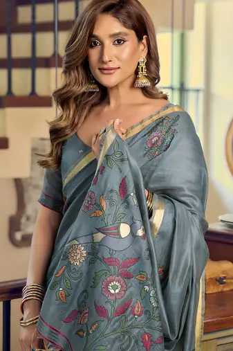 Cadet blue kolkata cotton saree with litchi work & fancy tassels