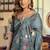 Cadet blue kolkata cotton saree with litchi work & fancy tassels