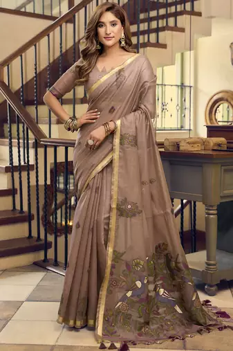 Brown kolkata cotton saree with litchi work & fancy tassels