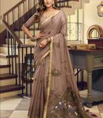Brown kolkata cotton saree with litchi work & fancy tassels