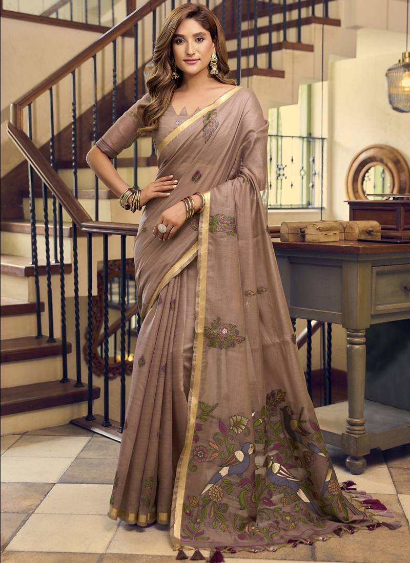 Brown kolkata cotton saree with litchi work & fancy tassels