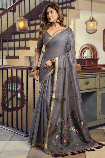 Gray kolkata cotton saree with litchi work & fancy tassels