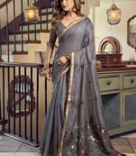 Gray kolkata cotton saree with litchi work & fancy tassels