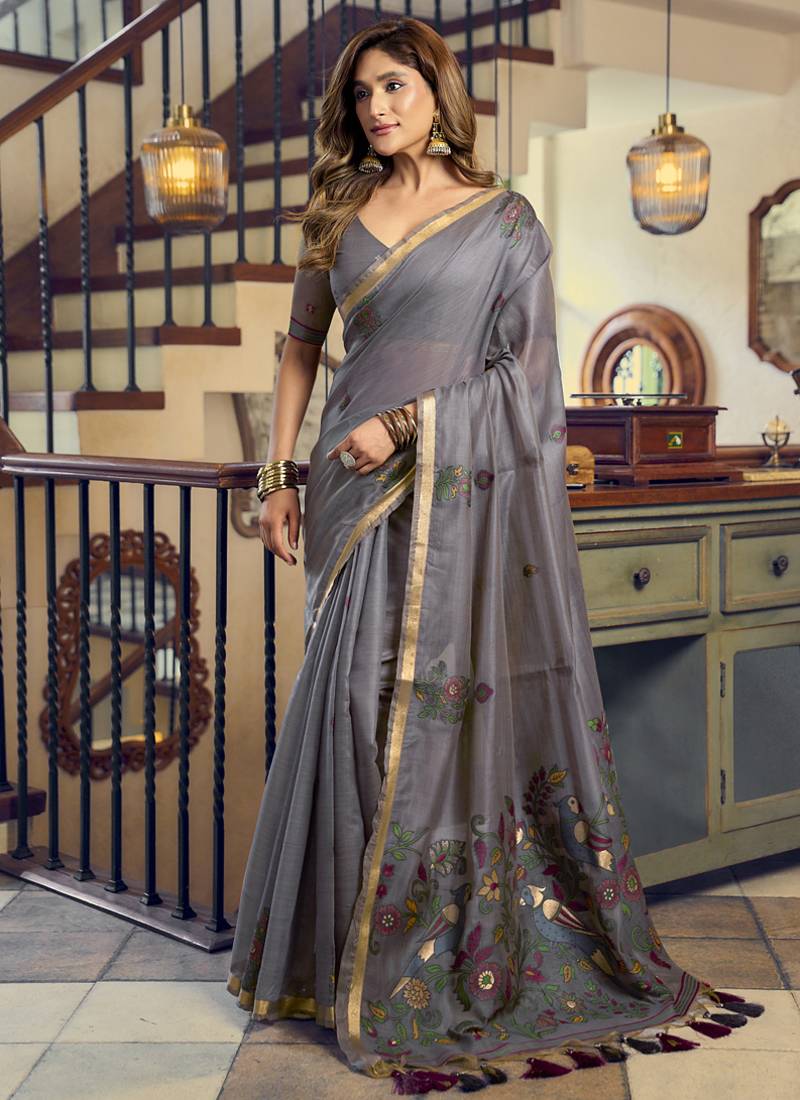 Gray kolkata cotton saree with litchi work & fancy tassels