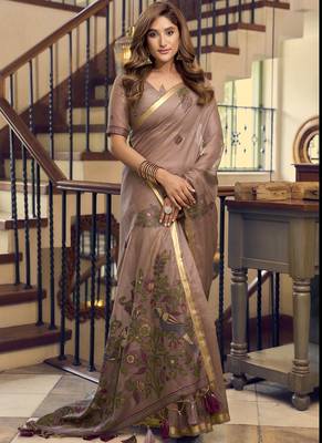 Brown kolkata cotton saree with litchi work & fancy tassels 2