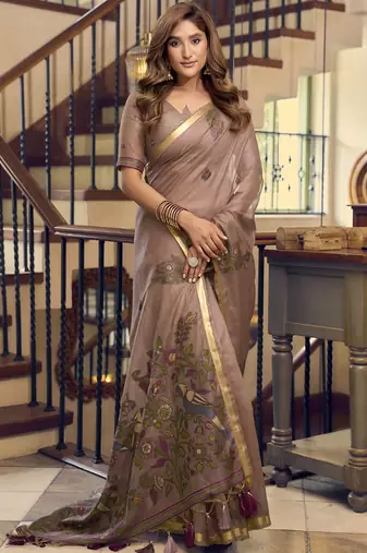 Brown kolkata cotton saree with litchi work & fancy tassels