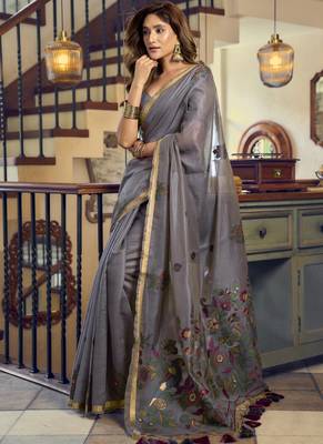 Gray kolkata cotton saree with litchi work & fancy tassels 2
