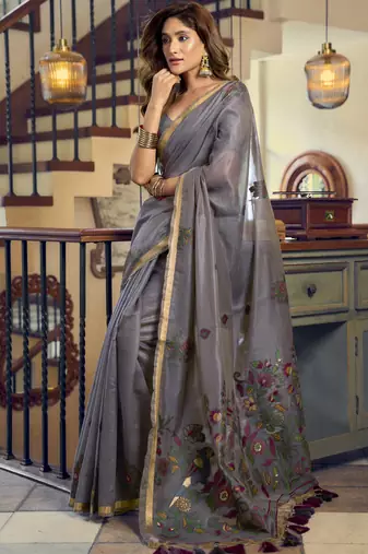 Gray kolkata cotton saree with litchi work & fancy tassels
