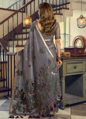 Gray kolkata cotton saree with litchi work & fancy tassels 3