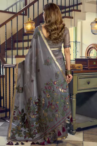 Gray kolkata cotton saree with litchi work & fancy tassels