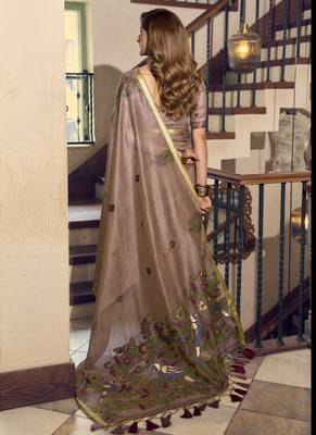 Brown kolkata cotton saree with litchi work & fancy tassels 3
