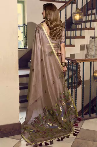 Brown kolkata cotton saree with litchi work & fancy tassels