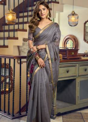 Gray kolkata cotton saree with litchi work & fancy tassels 4