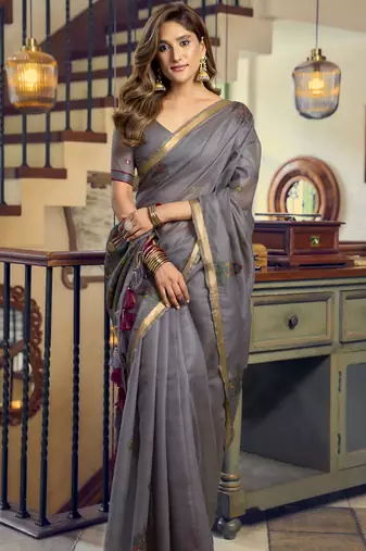 Gray kolkata cotton saree with litchi work & fancy tassels