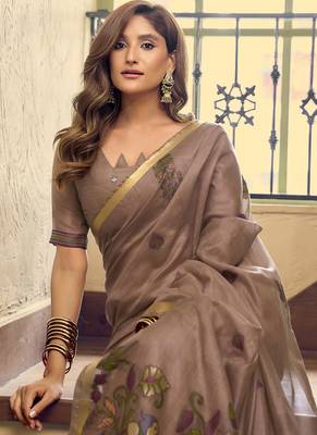 Brown kolkata cotton saree with litchi work & fancy tassels 4