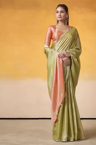 Olive tissue silk with beautiful tussle on pallu casual  wear saree