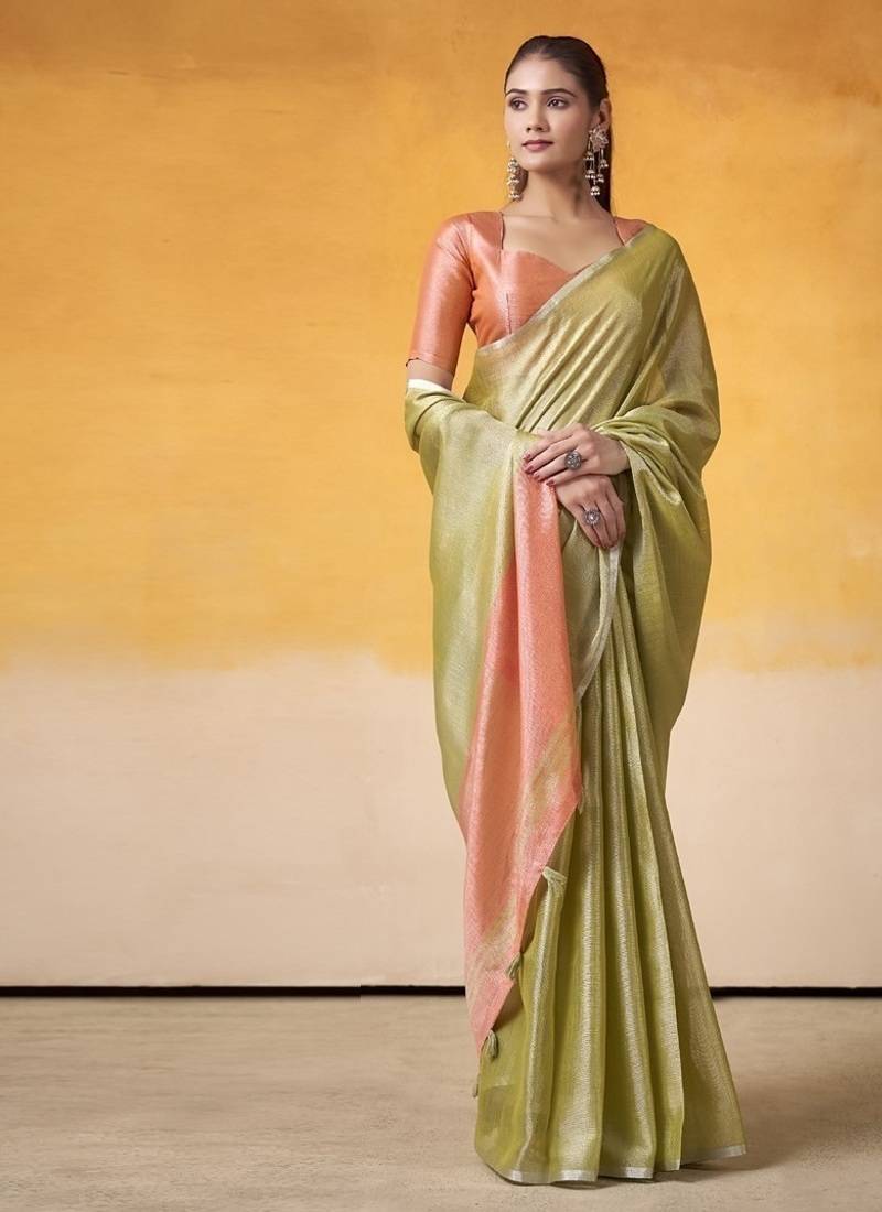 Olive tissue silk with beautiful tussle on pallu casual  wear saree