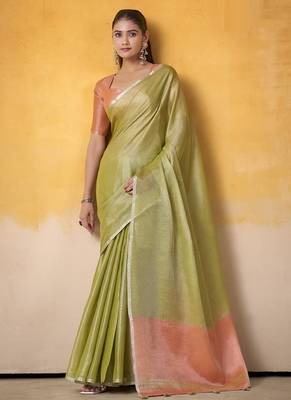 Olive tissue silk with beautiful tussle on pallu casual  wear saree 2