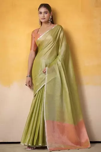 Olive tissue silk with beautiful tussle on pallu casual  wear saree