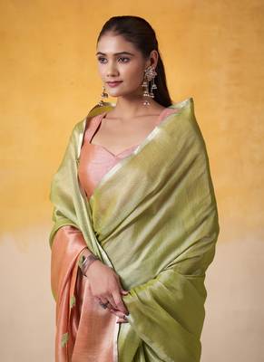 Olive tissue silk with beautiful tussle on pallu casual  wear saree 3
