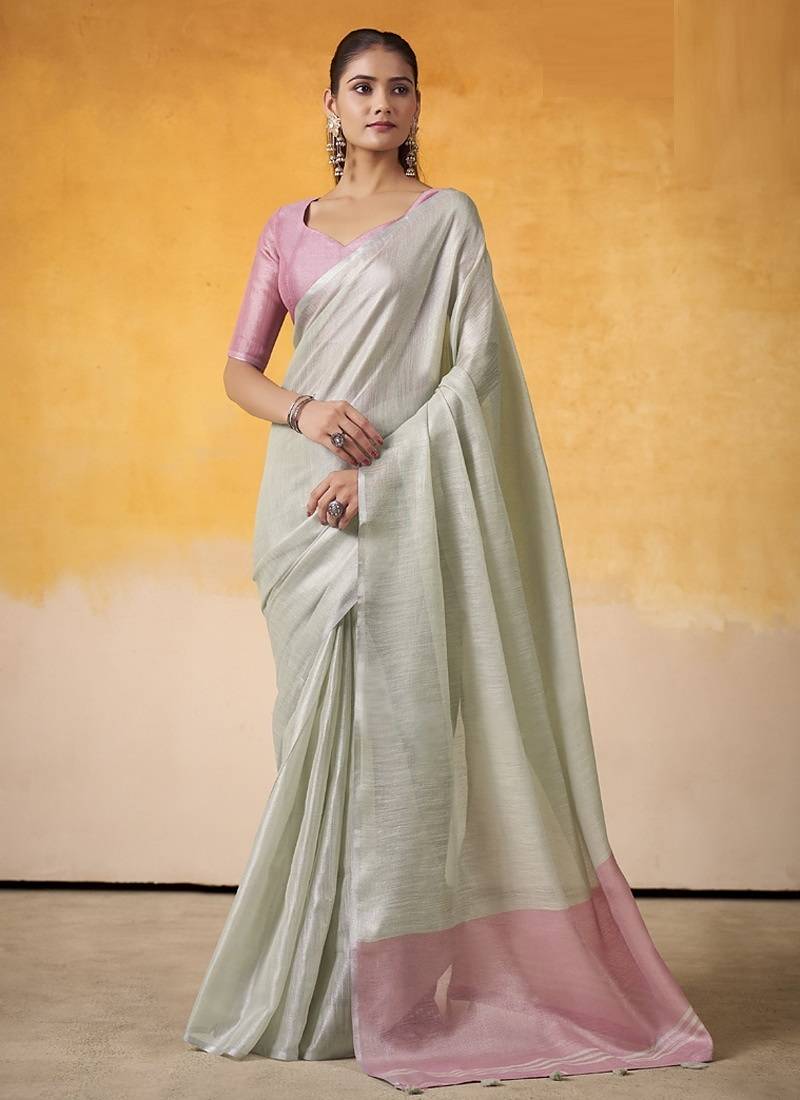 Off-white tissue silk with beautiful tussle on pallu casual wear saree