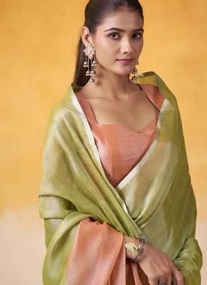 Olive tissue silk with beautiful tussle on pallu casual  wear saree 4