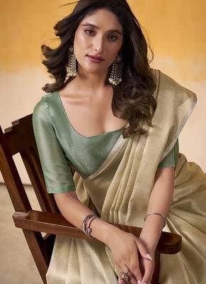 Beige tissue silk with beautiful tussle on pallu casual wear saree 2