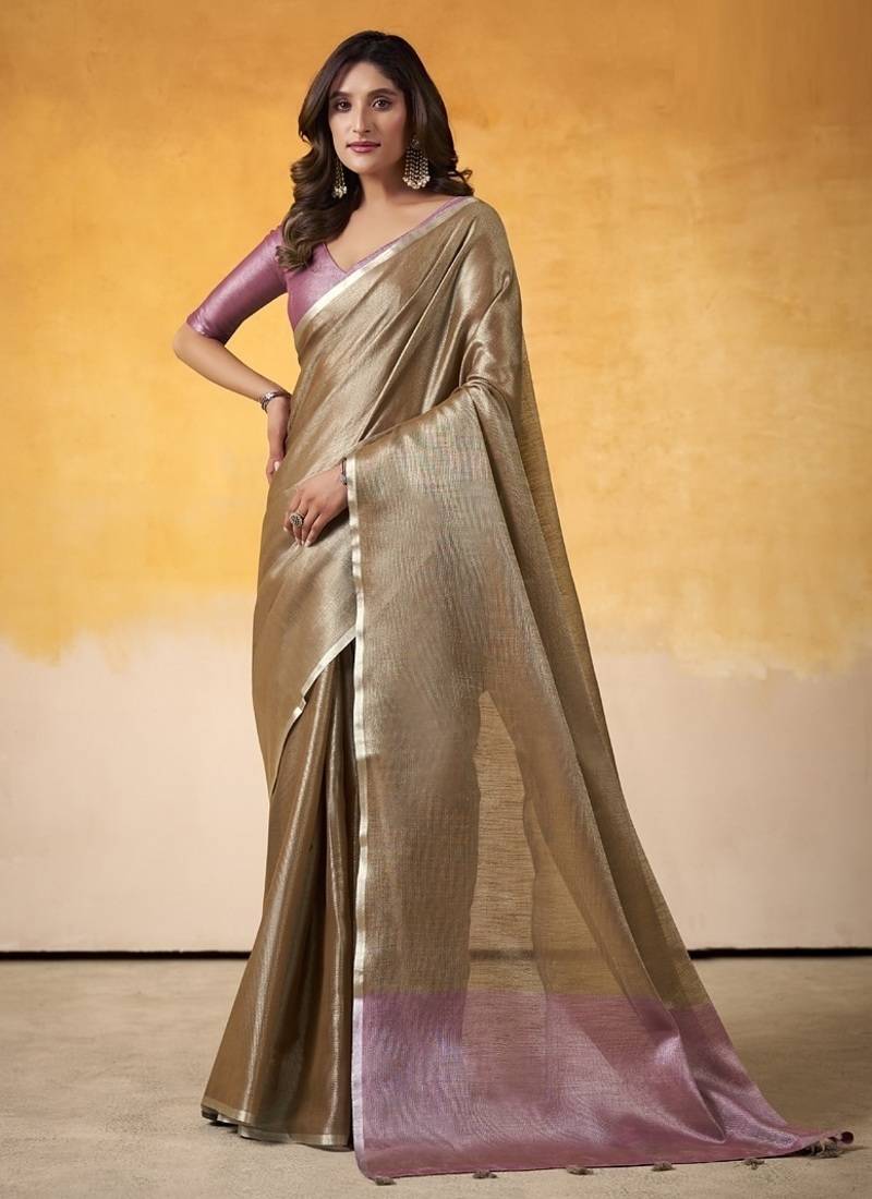 Chiku tissue silk with beautiful tussle on pallu casual wear saree