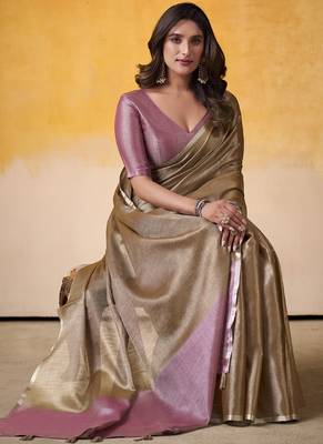 Chiku tissue silk with beautiful tussle on pallu casual wear saree 2