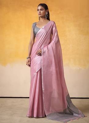 Onion pink tissue silk with beautiful tussle on pallu casual wear saree 1