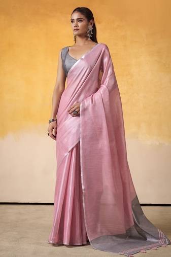 Onion pink tissue silk with beautiful tussle on pallu casual wear saree