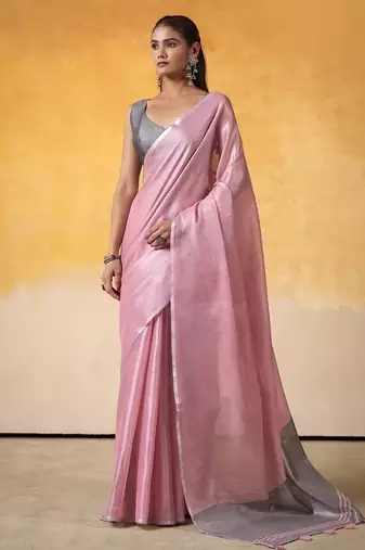 Onion pink tissue silk with beautiful tussle on pallu casual wear saree