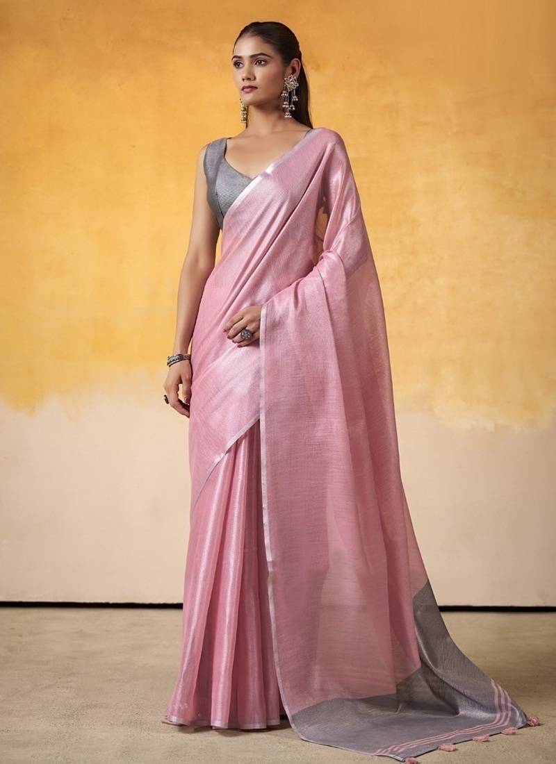 Onion pink tissue silk with beautiful tussle on pallu casual wear saree