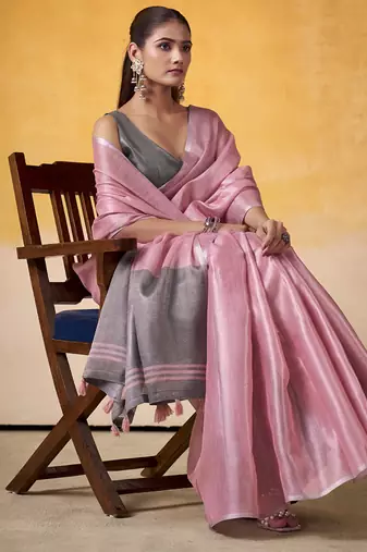 Onion pink tissue silk with beautiful tussle on pallu casual wear saree