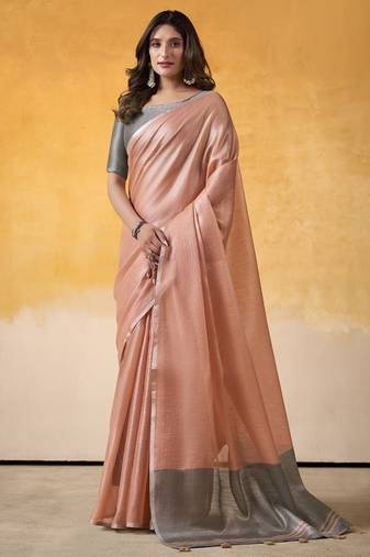 Peach tissue silk with beautiful tussle on pallu casual  wear saree
