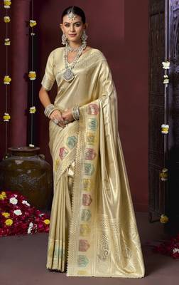 Cream silk blend embroidered silk blend Saree with blouse  1