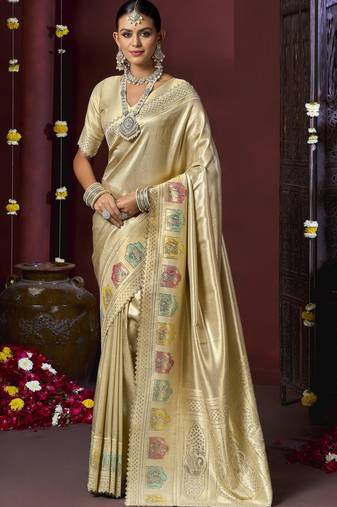 Cream silk blend embroidered silk blend Saree with blouse 