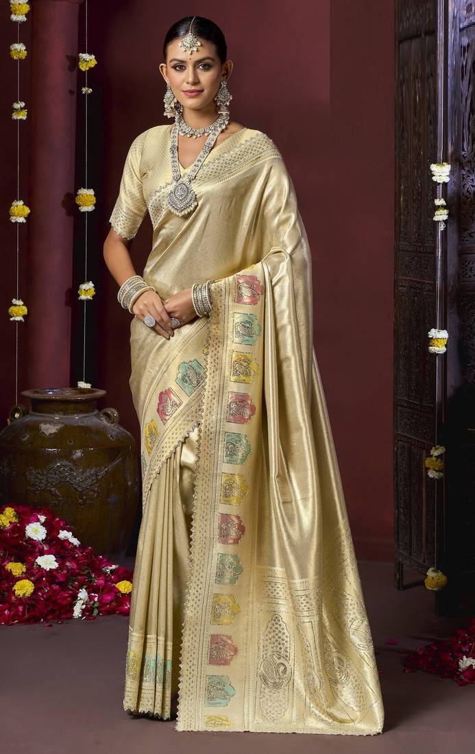Cream silk blend embroidered silk blend Saree with blouse 