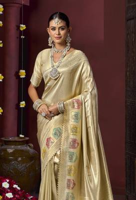 Cream silk blend embroidered silk blend Saree with blouse  2