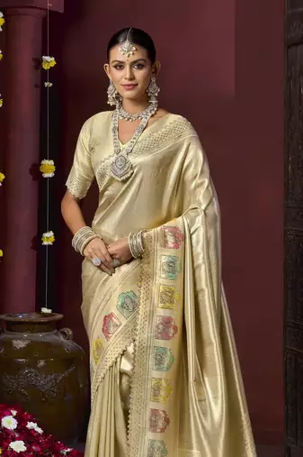 Cream silk blend embroidered silk blend Saree with blouse 
